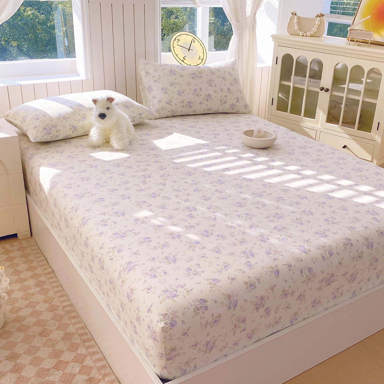 91家纺网 家纺一手货源 找家纺 春皖家纺 2026新款A类全棉有氧双层纱印花四件套单品系列-单床笠 雾染玫瑰