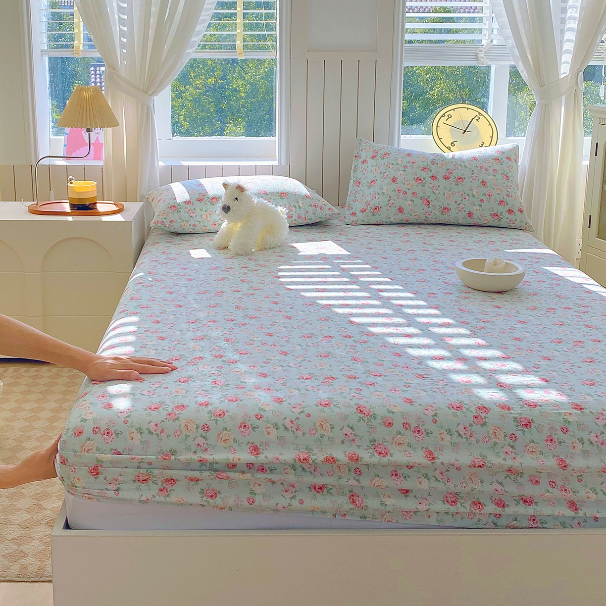 91家纺网 家纺一手货源 找家纺 春皖家纺 2026新款A类全棉有氧双层纱印花四件套单品系列-单床笠 桂语兰庭