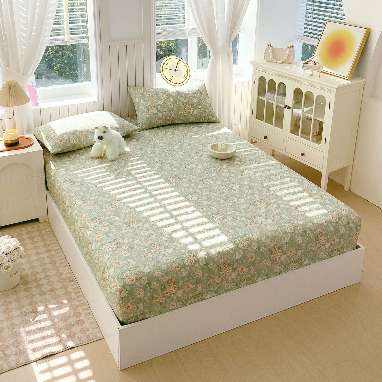 91家纺网 家纺一手货源 找家纺 春皖家纺 2026新款A类全棉有氧双层纱印花四件套单品系列-单床笠 青茵