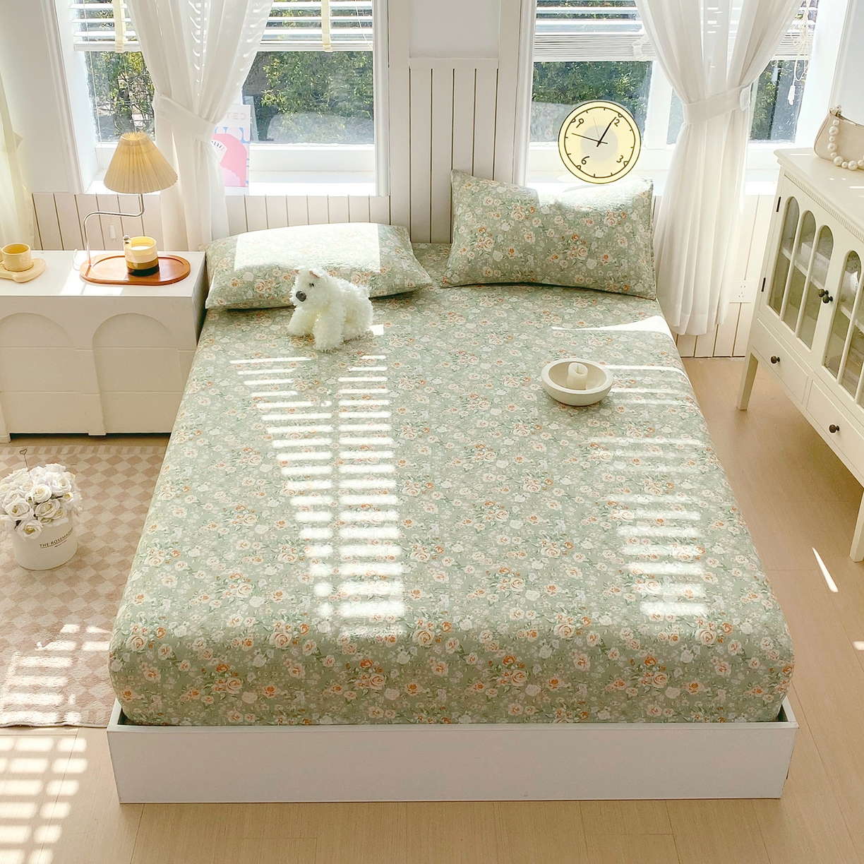 91家纺网 家纺一手货源 找家纺 春皖家纺 2026新款A类全棉有氧双层纱印花四件套单品系列-单床笠 青茵