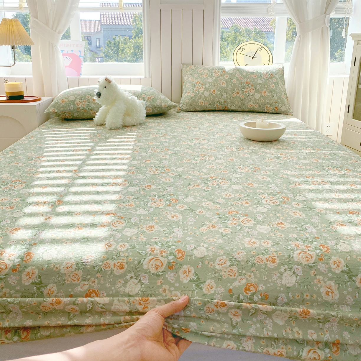 91家纺网 家纺一手货源 找家纺 春皖家纺 2026新款A类全棉有氧双层纱印花四件套单品系列-单床笠 青茵