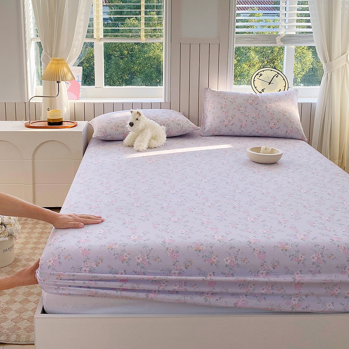 91家纺网 家纺一手货源 找家纺 春皖家纺 2026新款A类全棉有氧双层纱印花四件套单品系列-单床笠 雾色里德