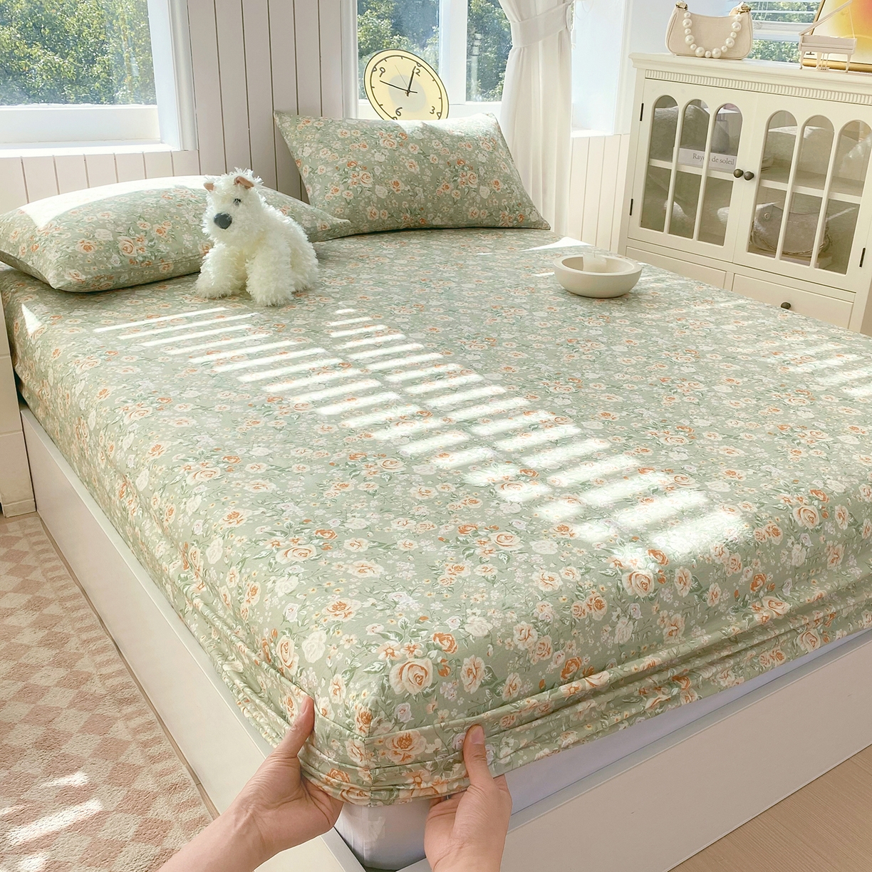 91家纺网 家纺一手货源 找家纺 春皖家纺 2026新款A类全棉有氧双层纱印花四件套单品系列-单床笠 青茵