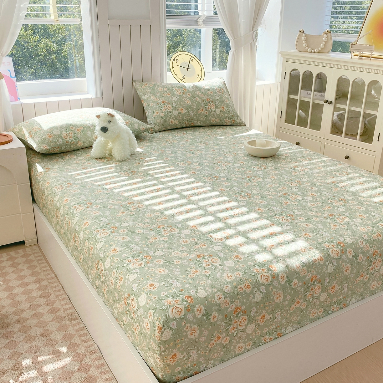 91家纺网 家纺一手货源 找家纺 春皖家纺 2026新款A类全棉有氧双层纱印花四件套单品系列-单床笠 青茵