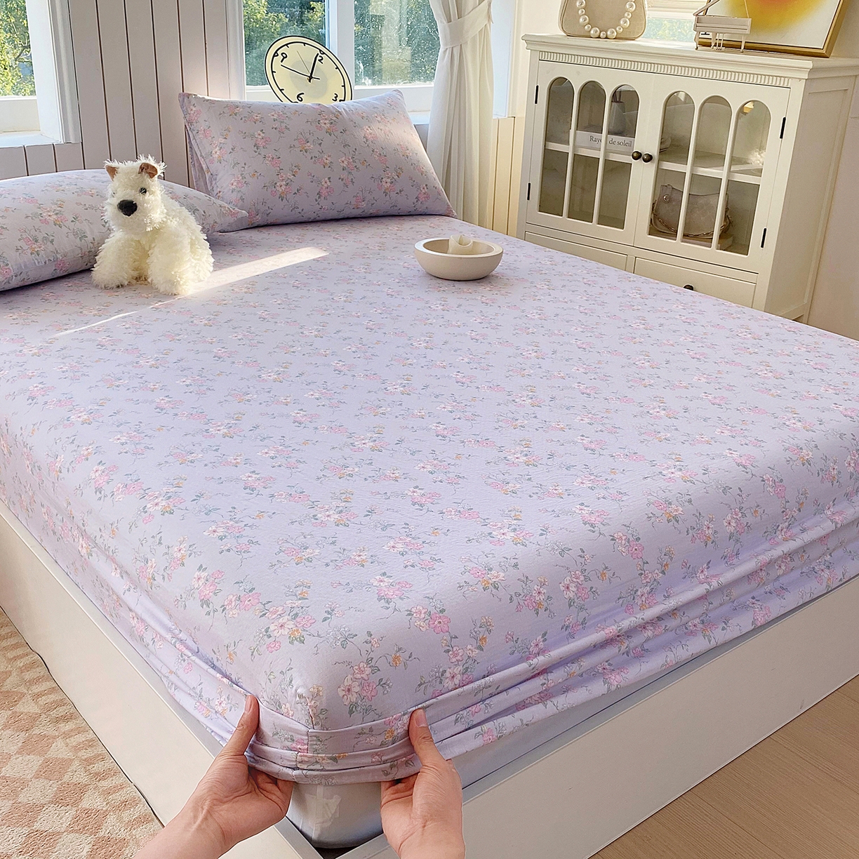 91家纺网 家纺一手货源 找家纺 春皖家纺 2026新款A类全棉有氧双层纱印花四件套单品系列-单床笠 雾色里德