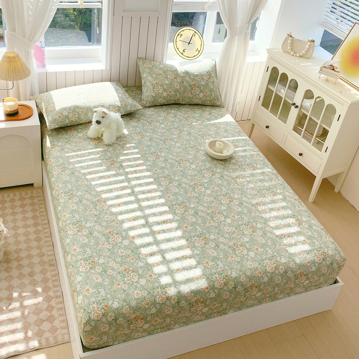 91家纺网 家纺一手货源 找家纺 春皖家纺 2026新款A类全棉有氧双层纱印花四件套单品系列-单床笠 青茵