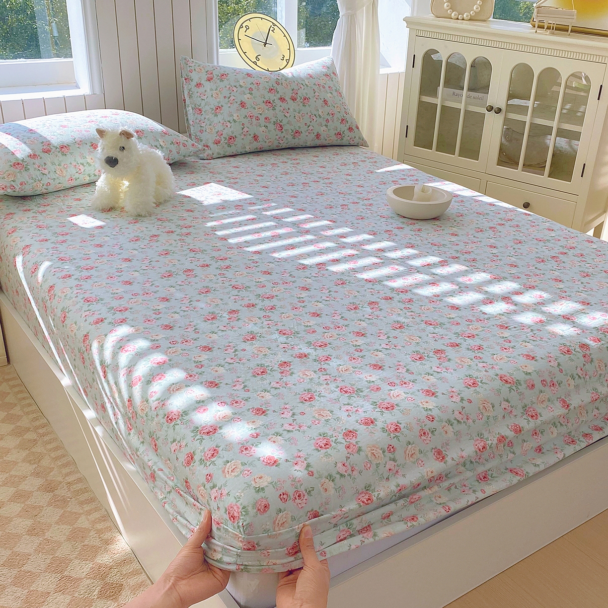 91家纺网 家纺一手货源 找家纺 春皖家纺 2026新款A类全棉有氧双层纱印花四件套单品系列-单床笠 桂语兰庭