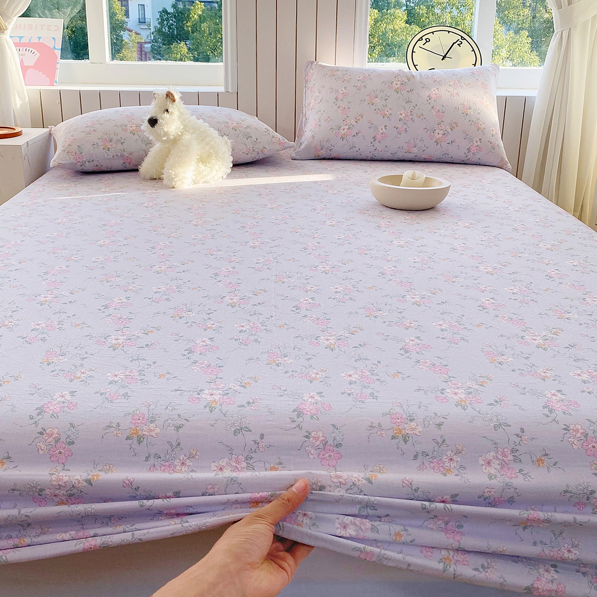 91家纺网 家纺一手货源 找家纺 春皖家纺 2026新款A类全棉有氧双层纱印花四件套单品系列-单床笠 雾色里德