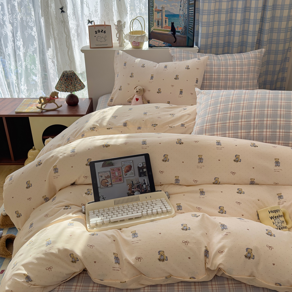 希丞家居 2026新款博主风小清新仿棉云感纱床上四件套 抱抱熊