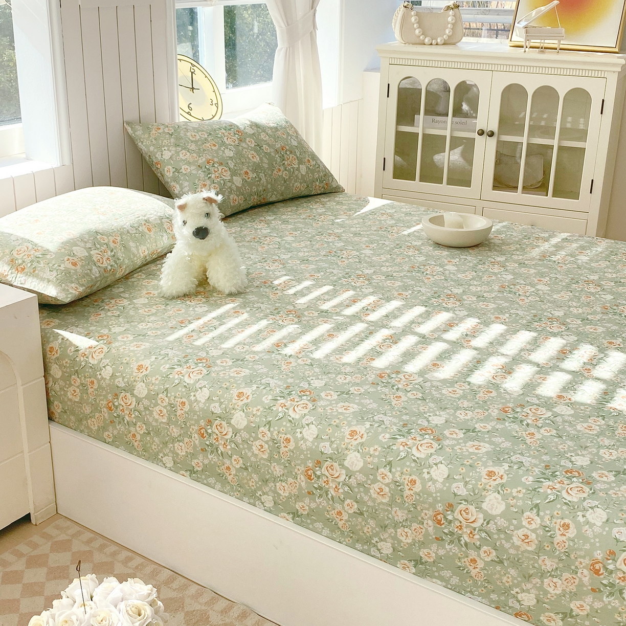 91家纺网 家纺一手货源 找家纺 春皖家纺 2026新款A类全棉有氧双层纱印花四件套单品系列-单床笠 青茵