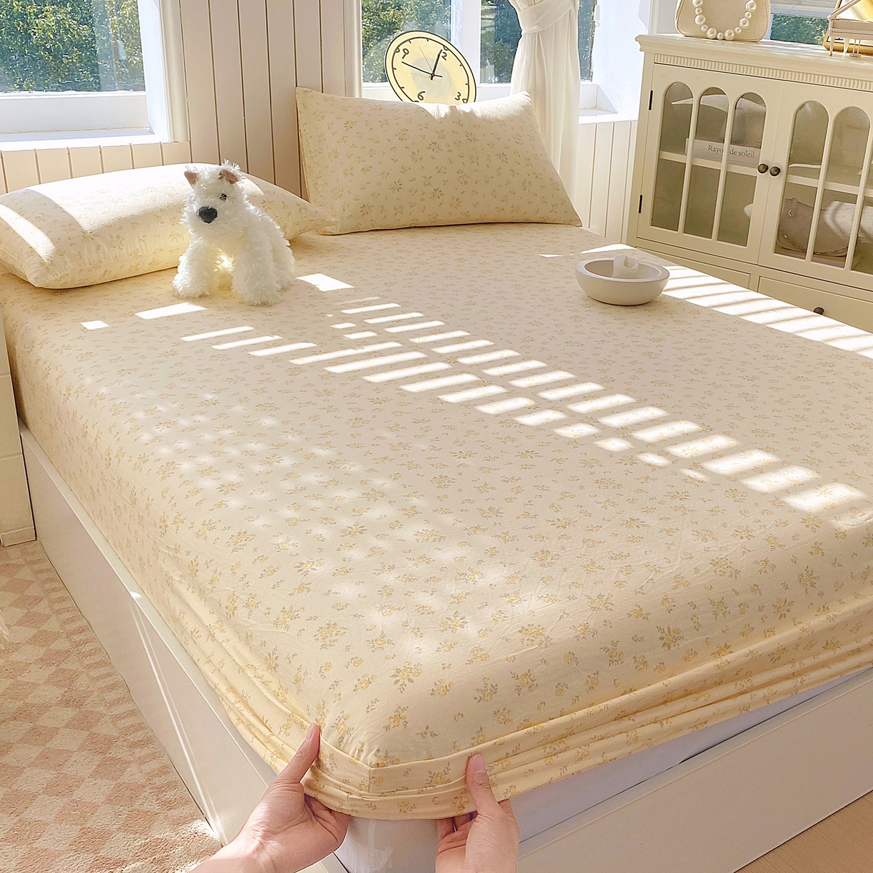 91家纺网 家纺一手货源 找家纺 春皖家纺 2026新款A类全棉有氧双层纱印花四件套单品系列-单床笠 晴丝一缕