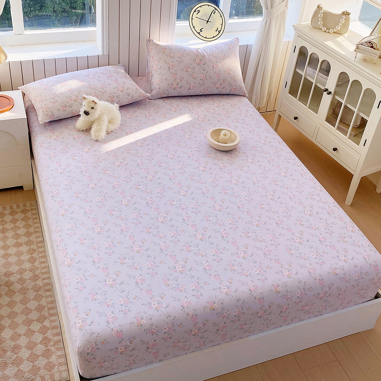 91家纺网 家纺一手货源 找家纺 春皖家纺 2026新款A类全棉有氧双层纱印花四件套单品系列-单床笠 雾色里德