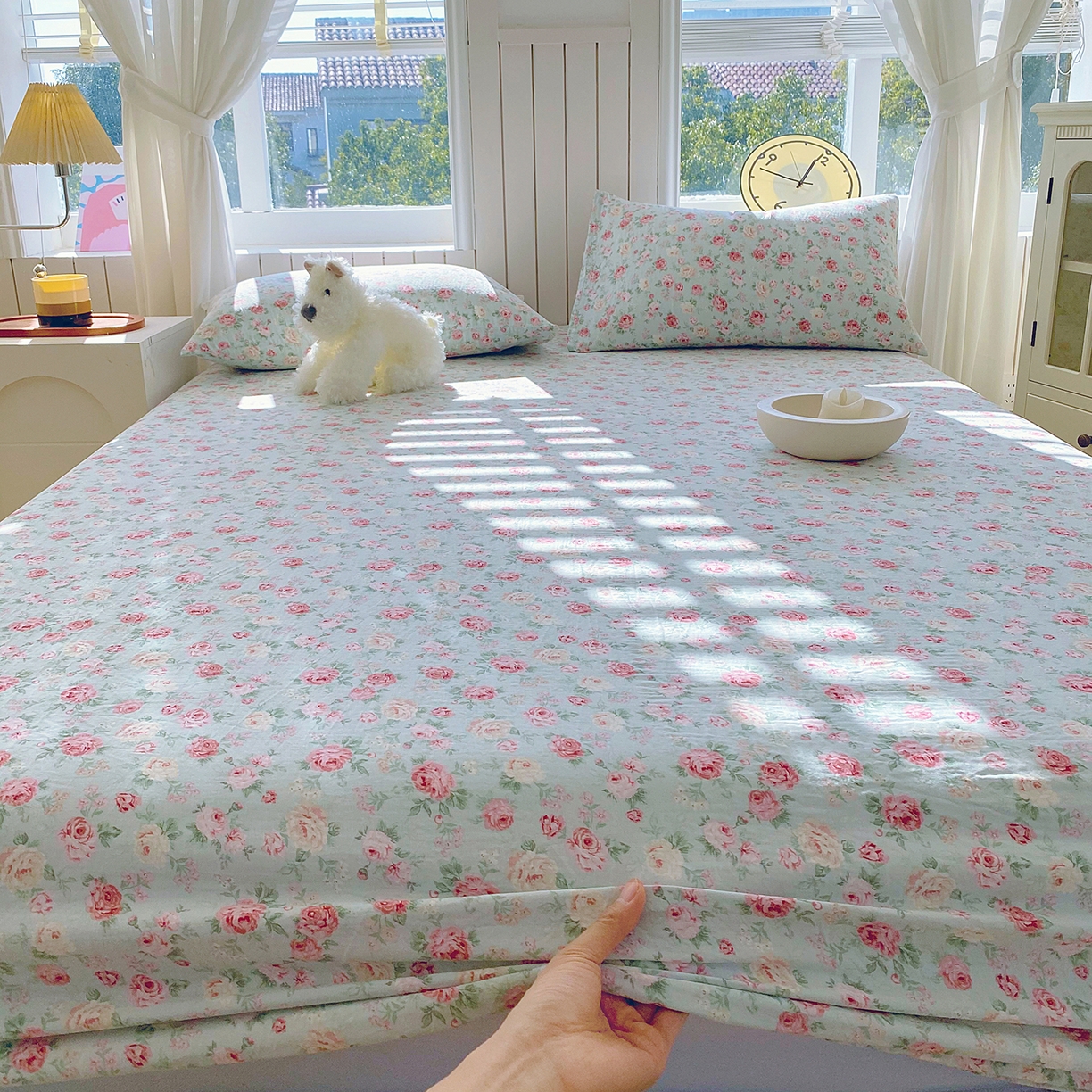 91家纺网 家纺一手货源 找家纺 春皖家纺 2026新款A类全棉有氧双层纱印花四件套单品系列-单床笠 桂语兰庭