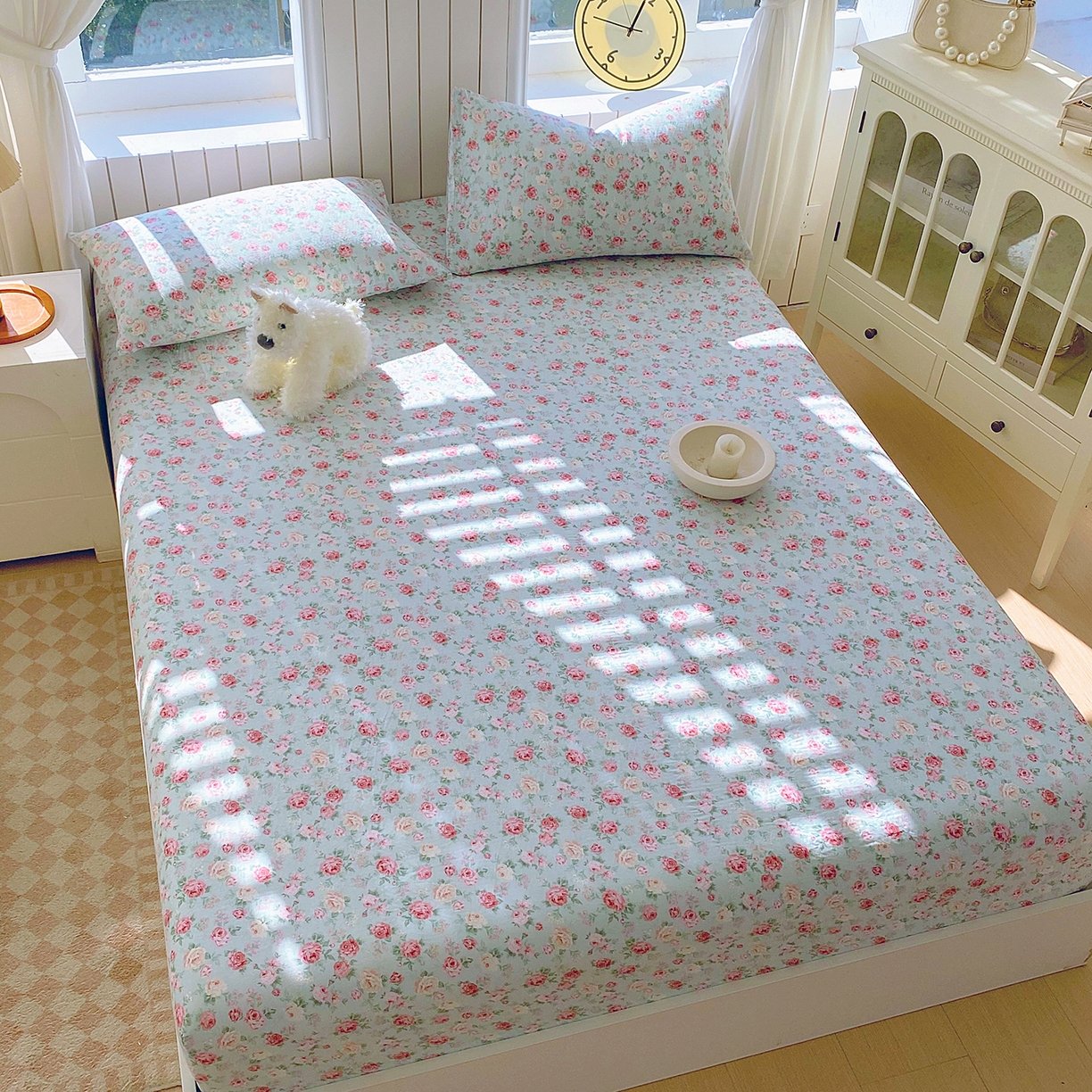 91家纺网 家纺一手货源 找家纺 春皖家纺 2026新款A类全棉有氧双层纱印花四件套单品系列-单床笠 桂语兰庭