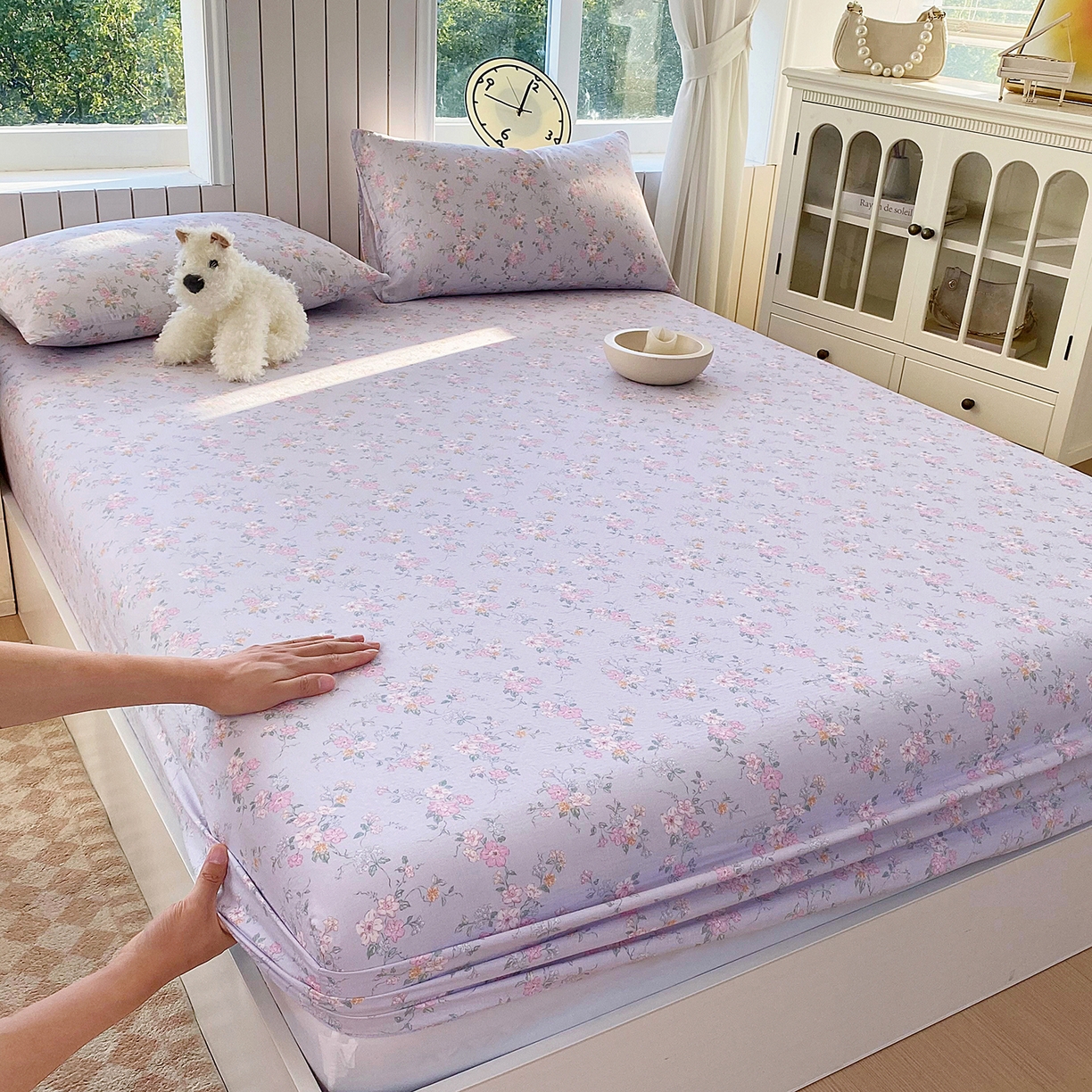 春皖家纺 2026新款A类全棉有氧双层纱印花四件套单品系列-单床笠 雾色里德