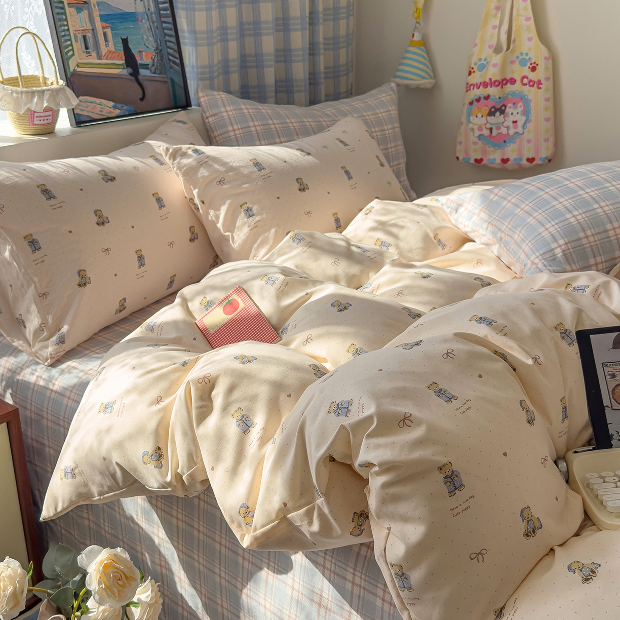 91家纺网 家纺一手货源 找家纺 希丞家居 2026新款博主风小清新仿棉云感纱床上四件套 抱抱熊