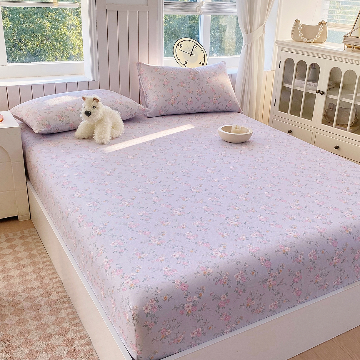 91家纺网 家纺一手货源 找家纺 春皖家纺 2026新款A类全棉有氧双层纱印花四件套单品系列-单床笠 雾色里德