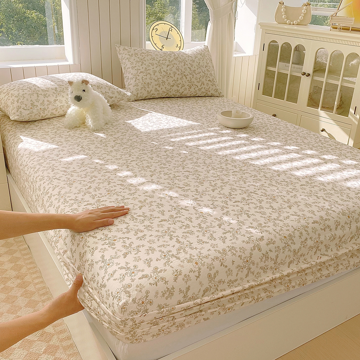 春皖家纺 2026新款A类全棉有氧双层纱印花四件套单品系列-单床笠 花织