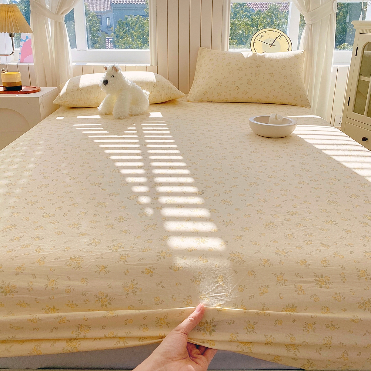 91家纺网 家纺一手货源 找家纺 春皖家纺 2026新款A类全棉有氧双层纱印花四件套单品系列-单床笠 晴丝一缕