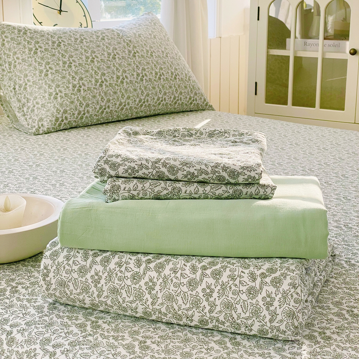 91家纺网 家纺一手货源 找家纺 春皖家纺 2026新款A类全棉有氧双层纱印花四件套单品系列-单床笠 暮春