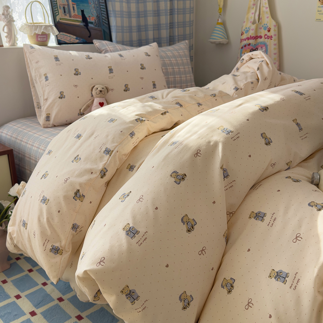 91家纺网 家纺一手货源 找家纺 希丞家居 2026新款博主风小清新仿棉云感纱床上四件套 抱抱熊