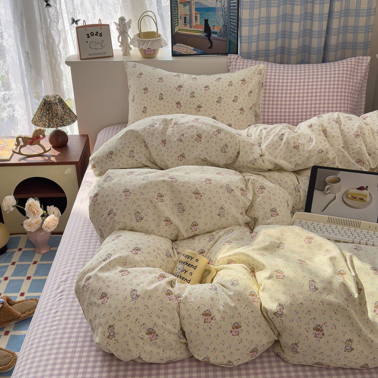 91家纺网 家纺一手货源 找家纺 希丞家居 2026新款博主风小清新仿棉云感纱床上四件套 茶话会