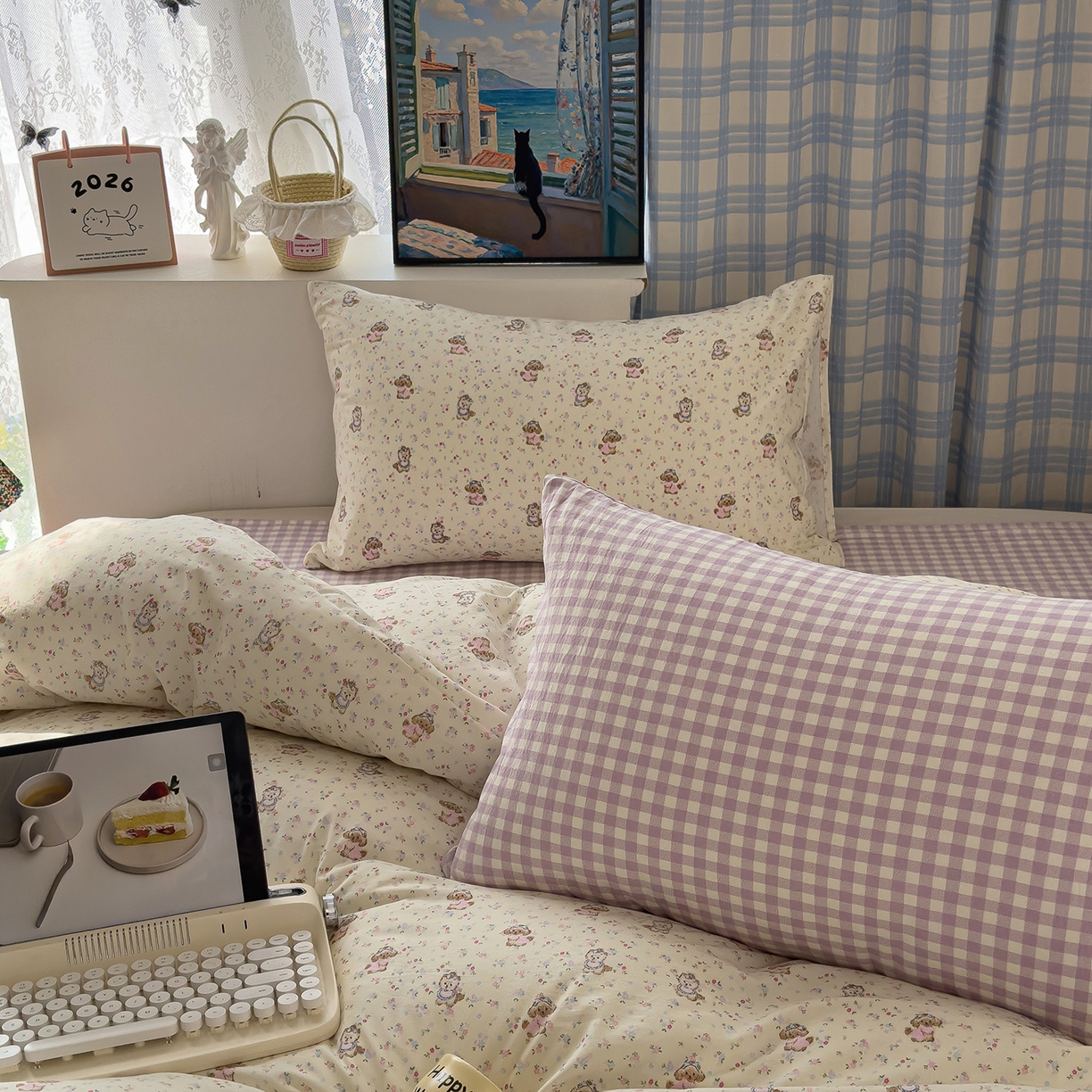 91家纺网 家纺一手货源 找家纺 希丞家居 2026新款博主风小清新仿棉云感纱床上四件套 茶话会