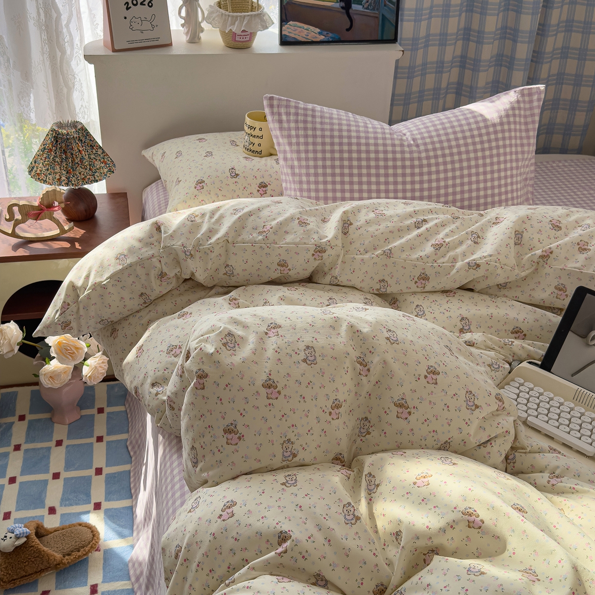 91家纺网 家纺一手货源 找家纺 希丞家居 2026新款博主风小清新仿棉云感纱床上四件套 茶话会