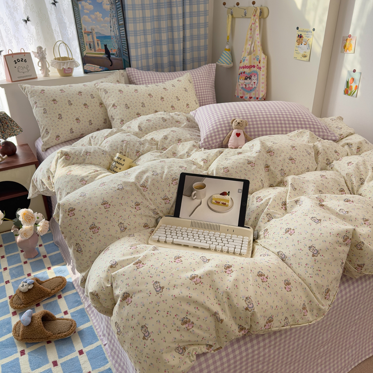 91家纺网 家纺一手货源 找家纺 希丞家居 2026新款博主风小清新仿棉云感纱床上四件套 茶话会