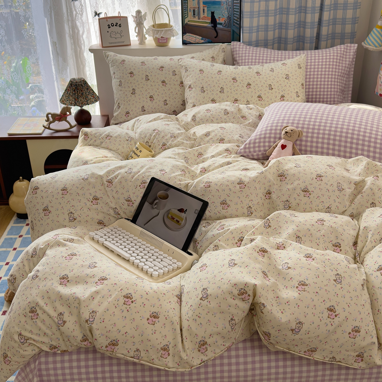 91家纺网 家纺一手货源 找家纺 希丞家居 2026新款博主风小清新仿棉云感纱床上四件套 茶话会