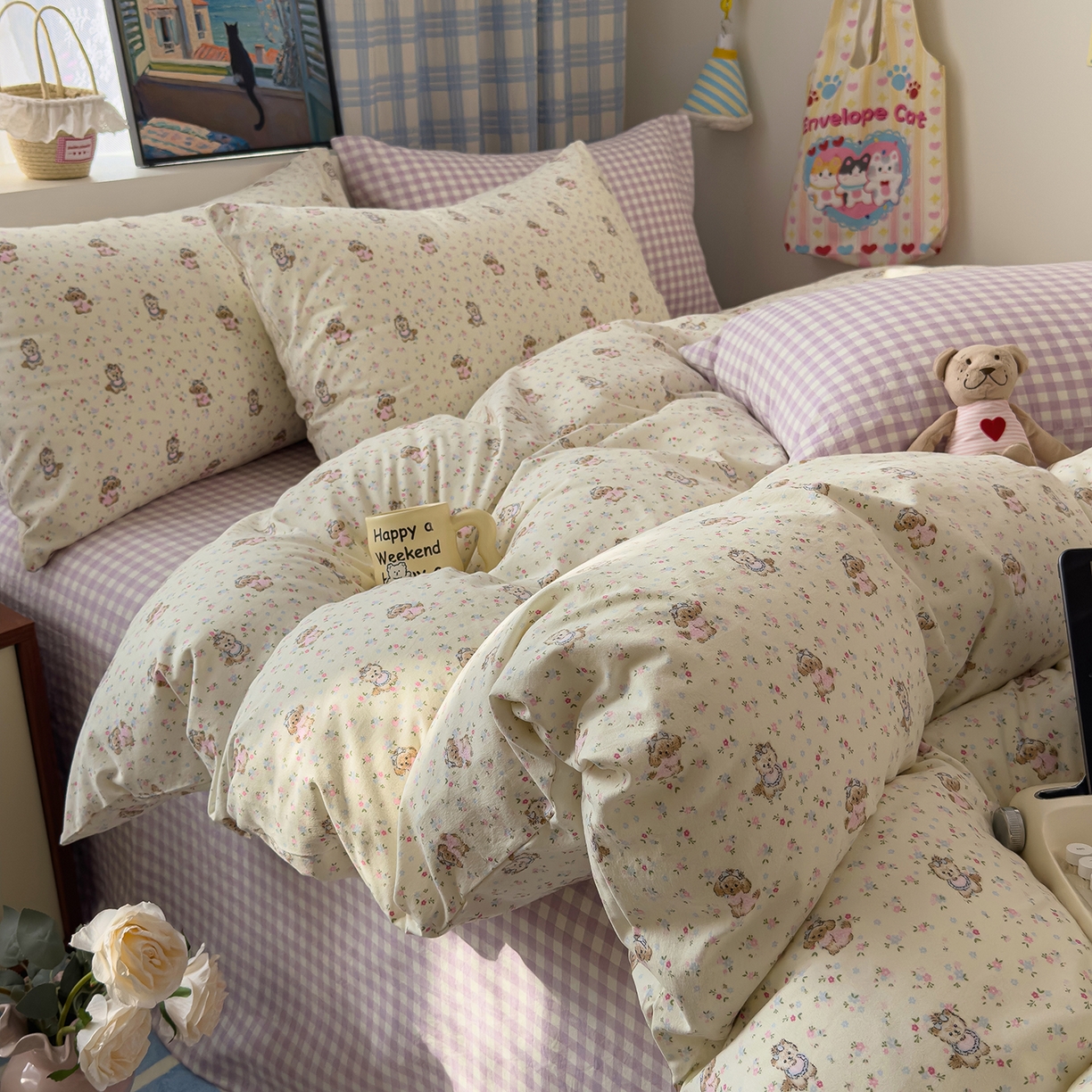 91家纺网 家纺一手货源 找家纺 希丞家居 2026新款博主风小清新仿棉云感纱床上四件套 茶话会