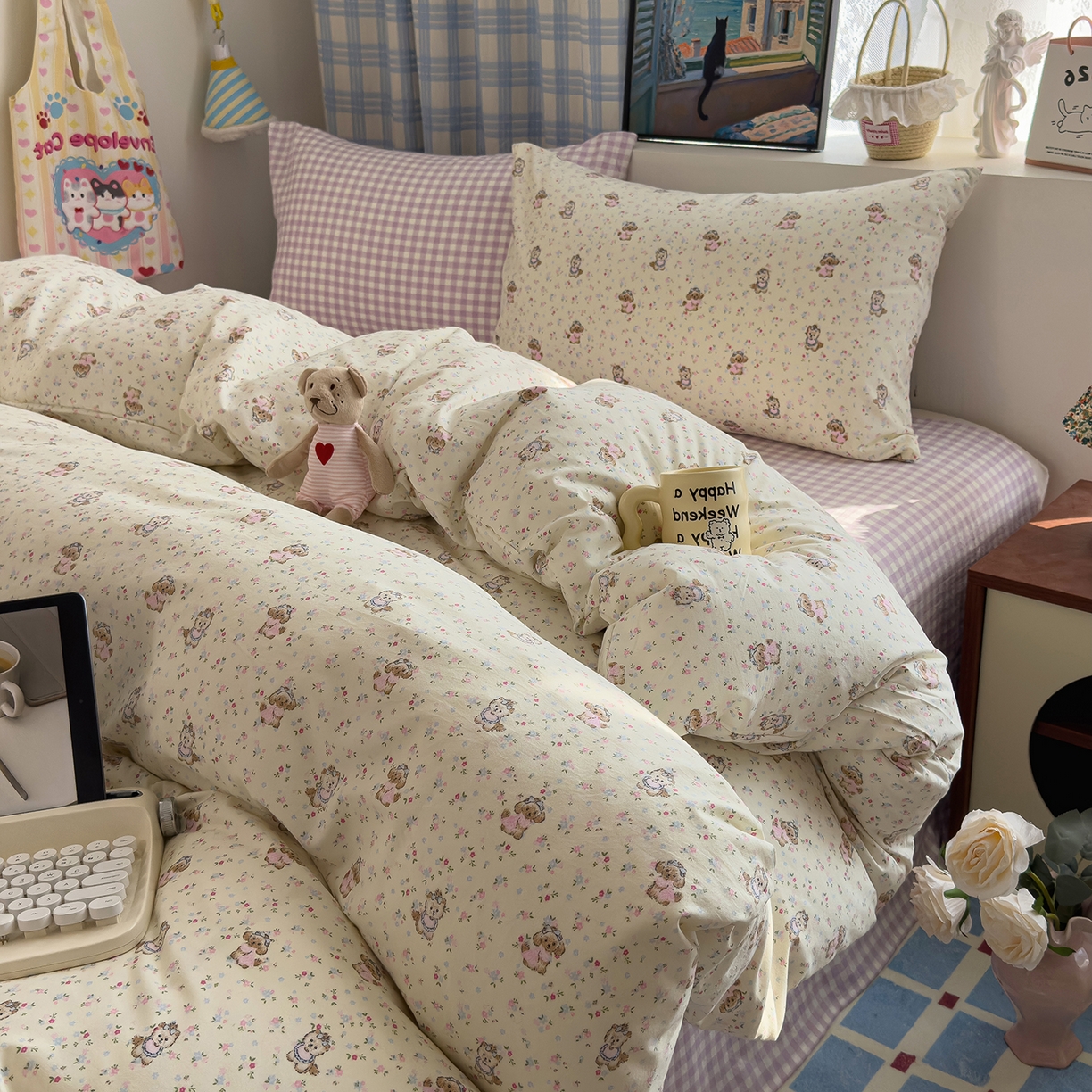 91家纺网 家纺一手货源 找家纺 希丞家居 2026新款博主风小清新仿棉云感纱床上四件套 茶话会