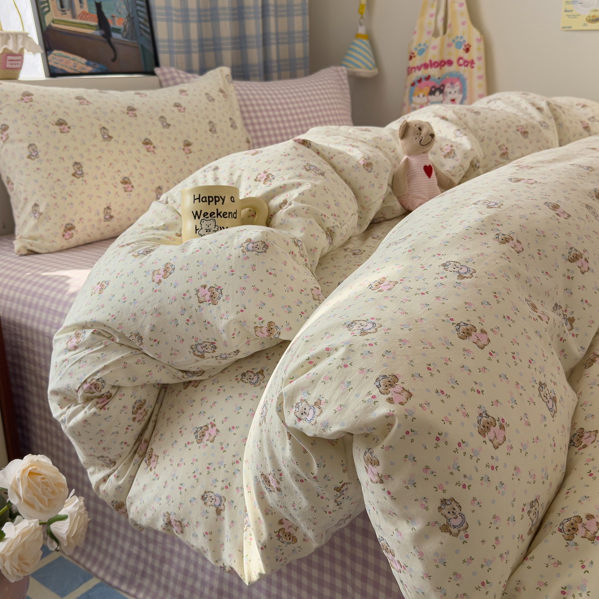 91家纺网 家纺一手货源 找家纺 希丞家居 2026新款博主风小清新仿棉云感纱床上四件套 茶话会