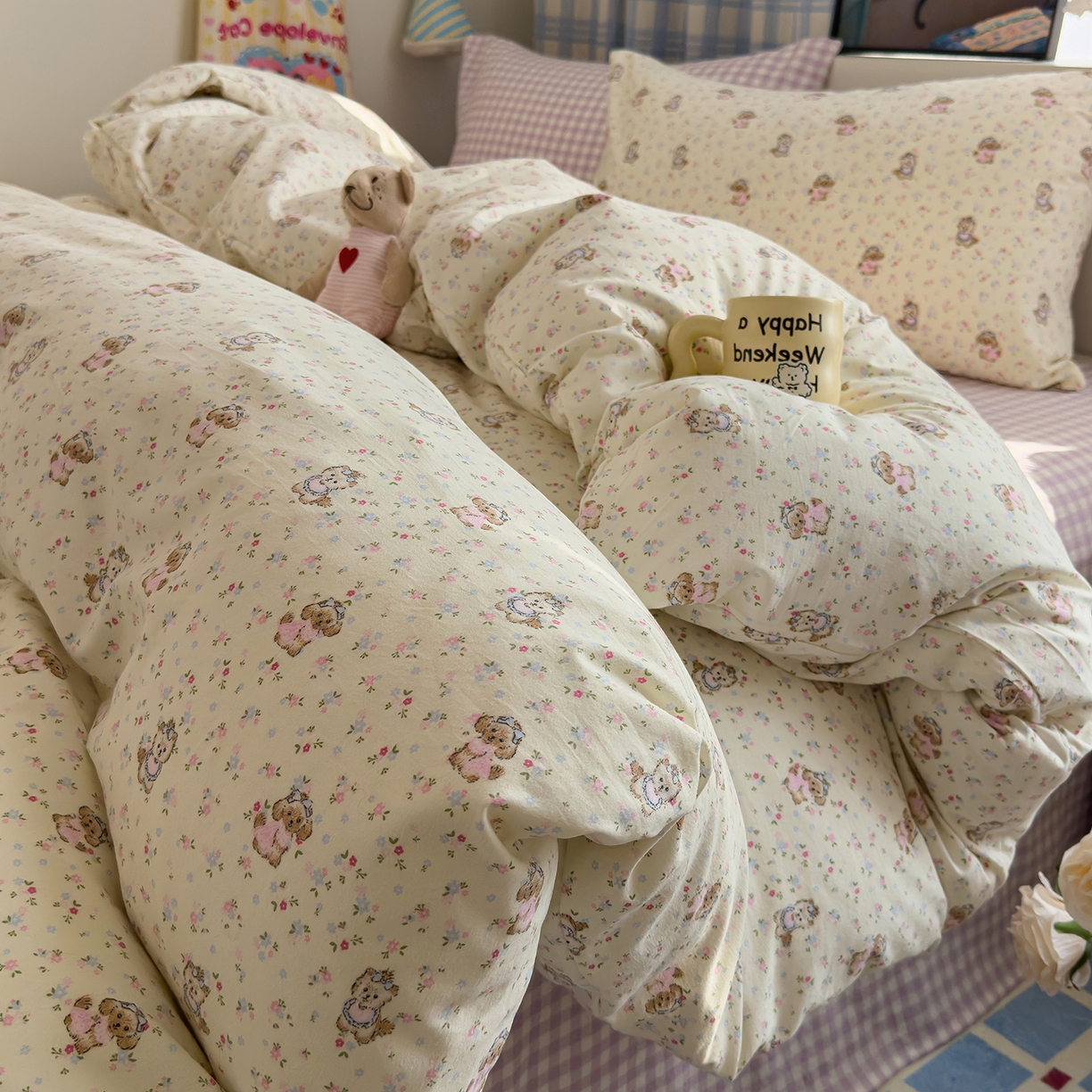 91家纺网 家纺一手货源 找家纺 希丞家居 2026新款博主风小清新仿棉云感纱床上四件套 茶话会