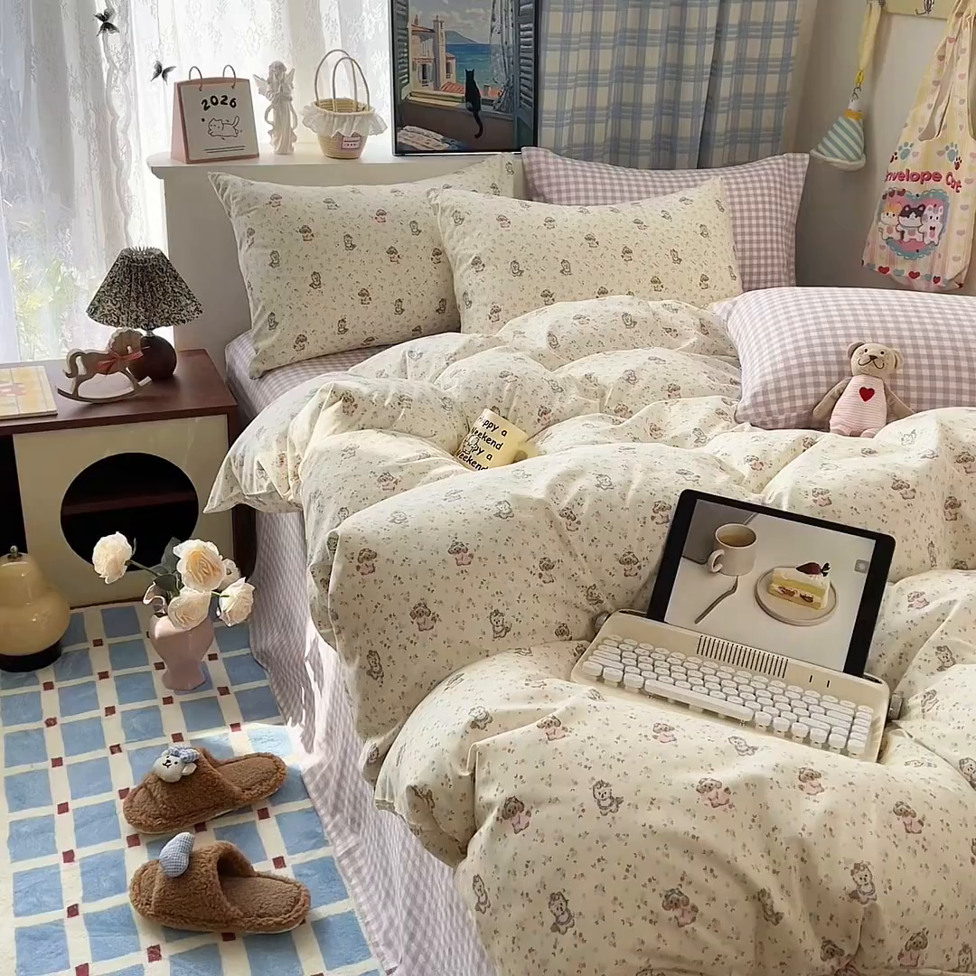 91家纺网 家纺一手货源 找家纺 希丞家居 2026新款博主风小清新仿棉云感纱床上四件套 茶话会