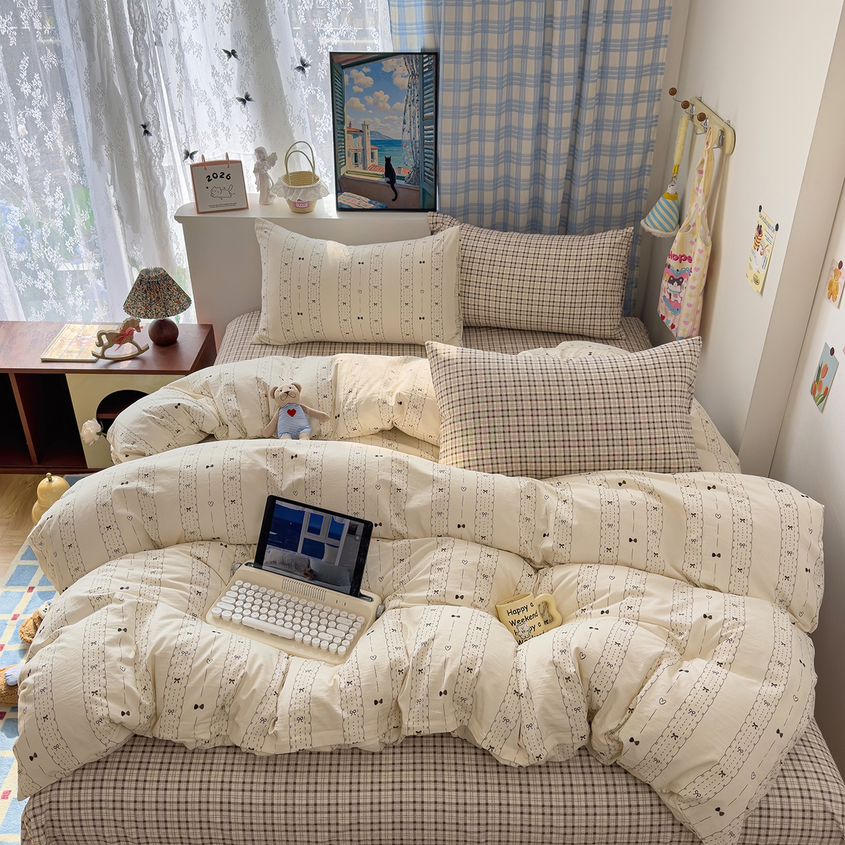 希丞家居 2026新款博主风小清新仿棉云感纱床上四件套 多喜乐