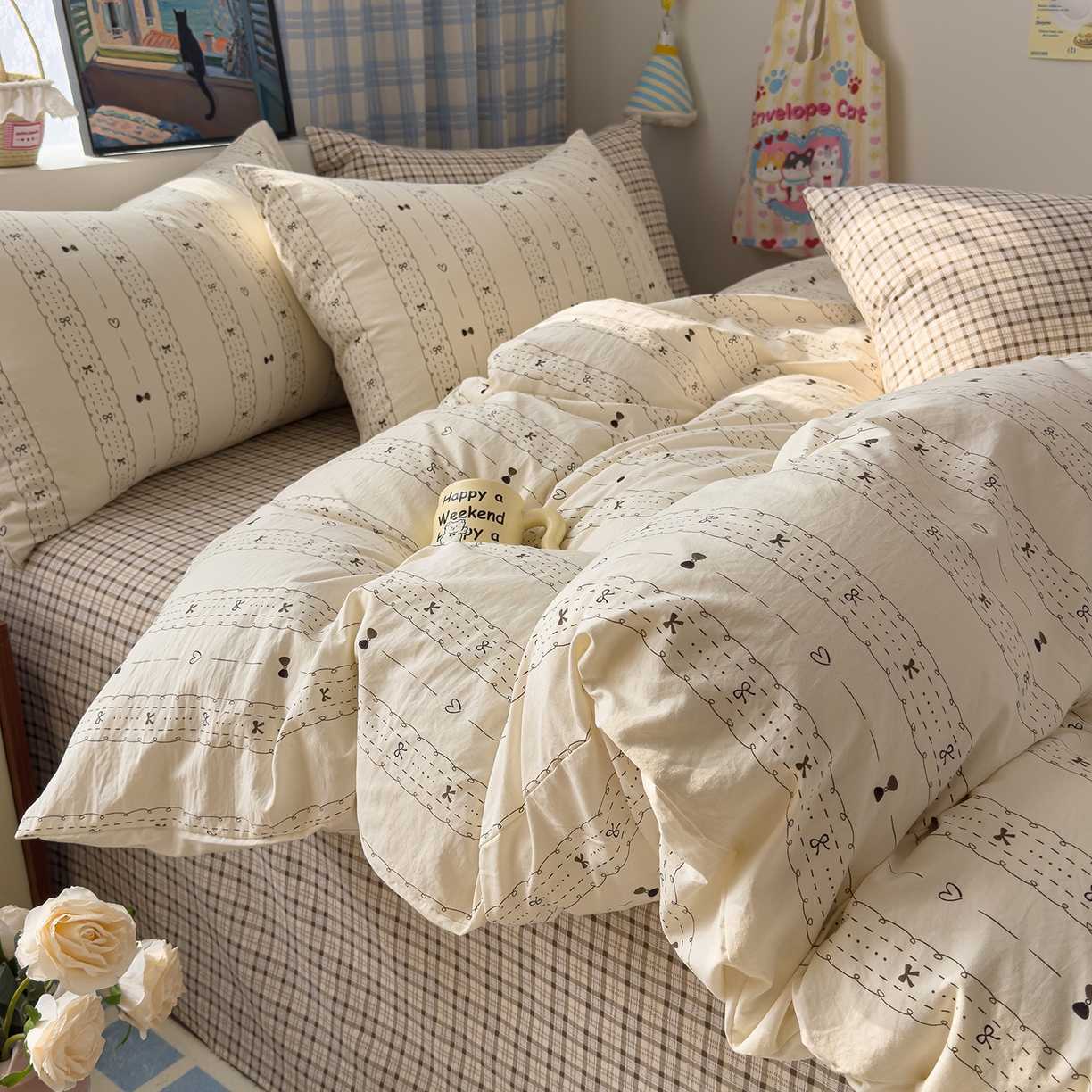 91家纺网 家纺一手货源 找家纺 希丞家居 2026新款博主风小清新仿棉云感纱床上四件套 多喜乐