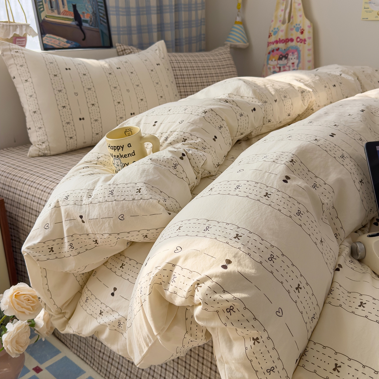 91家纺网 家纺一手货源 找家纺 希丞家居 2026新款博主风小清新仿棉云感纱床上四件套 多喜乐