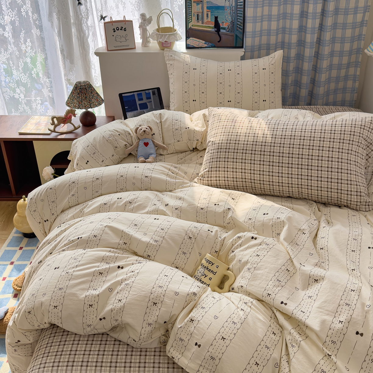 91家纺网 家纺一手货源 找家纺 希丞家居 2026新款博主风小清新仿棉云感纱床上四件套 多喜乐