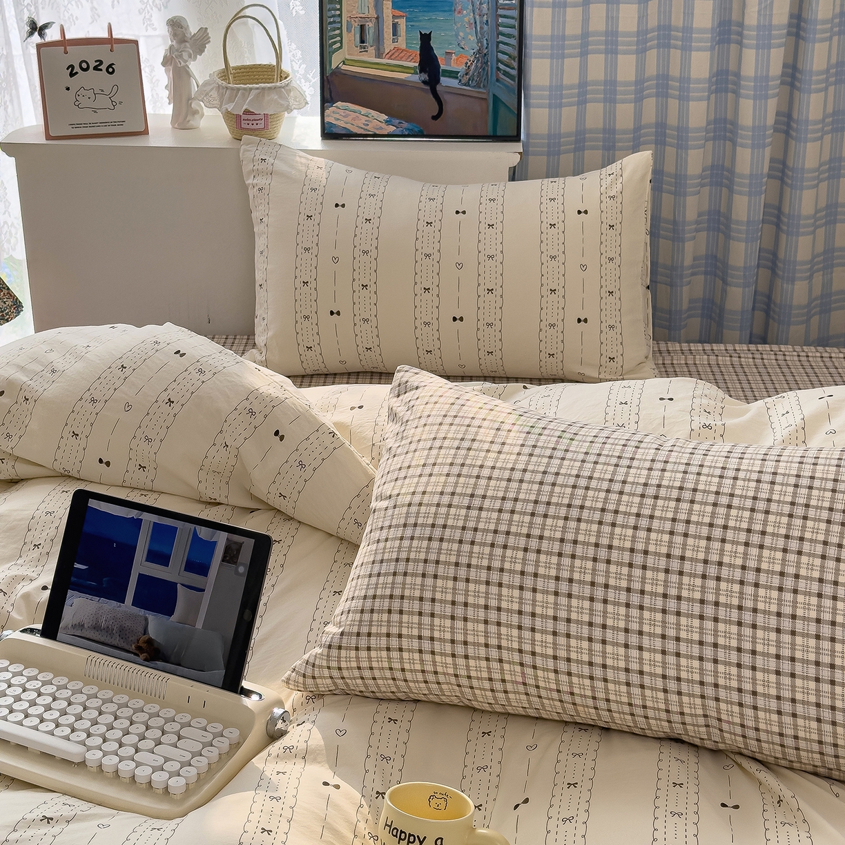 91家纺网 家纺一手货源 找家纺 希丞家居 2026新款博主风小清新仿棉云感纱床上四件套 多喜乐