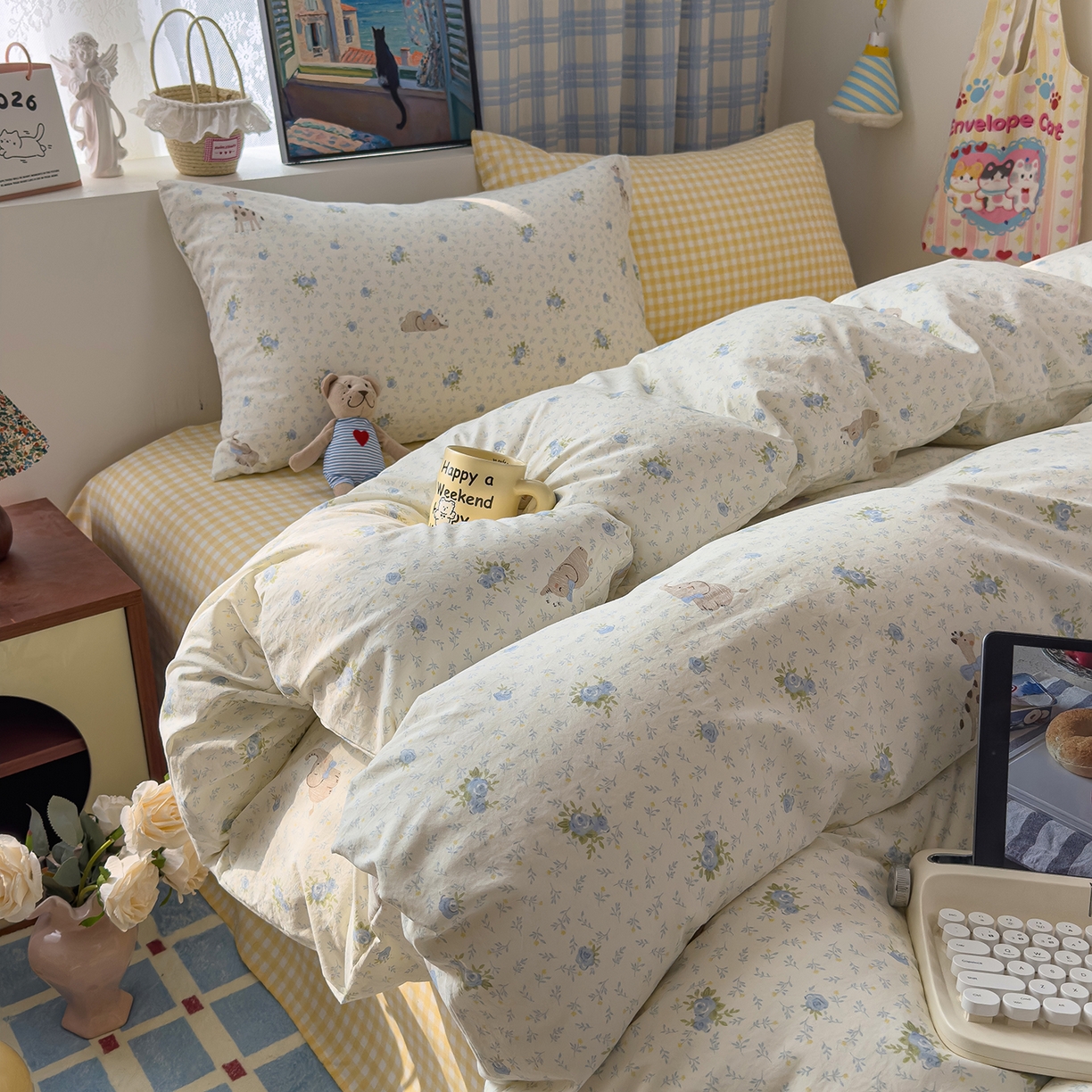 91家纺网 家纺一手货源 找家纺 希丞家居 2026新款博主风小清新仿棉云感纱床上四件套 海盐幻想