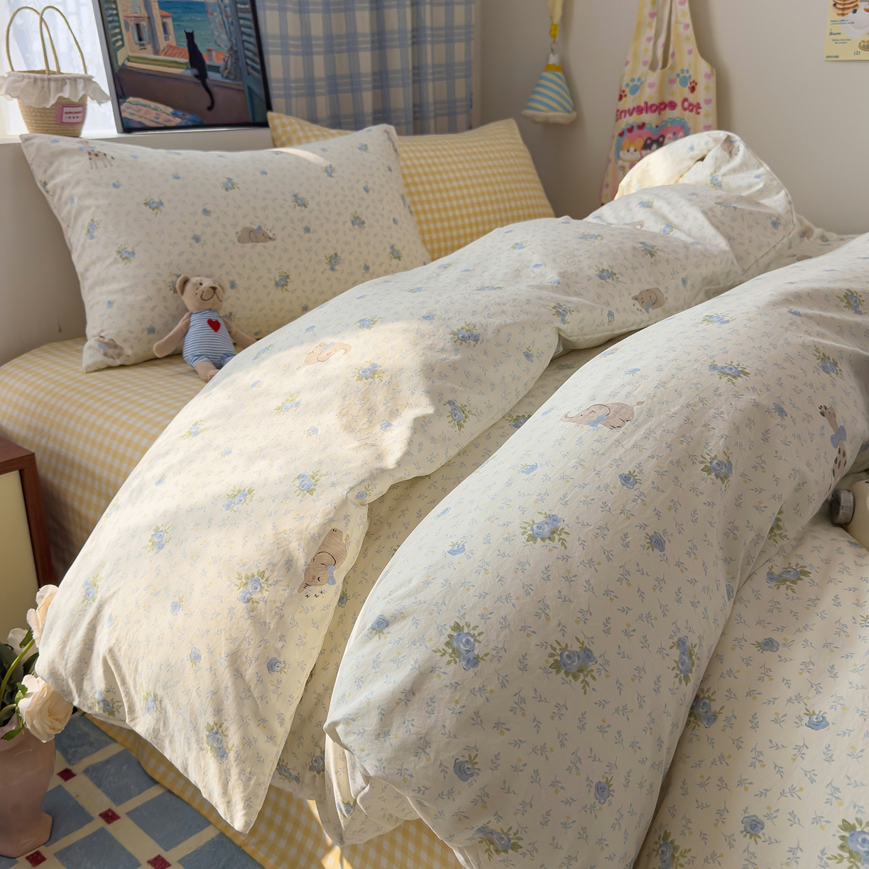 91家纺网 家纺一手货源 找家纺 希丞家居 2026新款博主风小清新仿棉云感纱床上四件套 海盐幻想