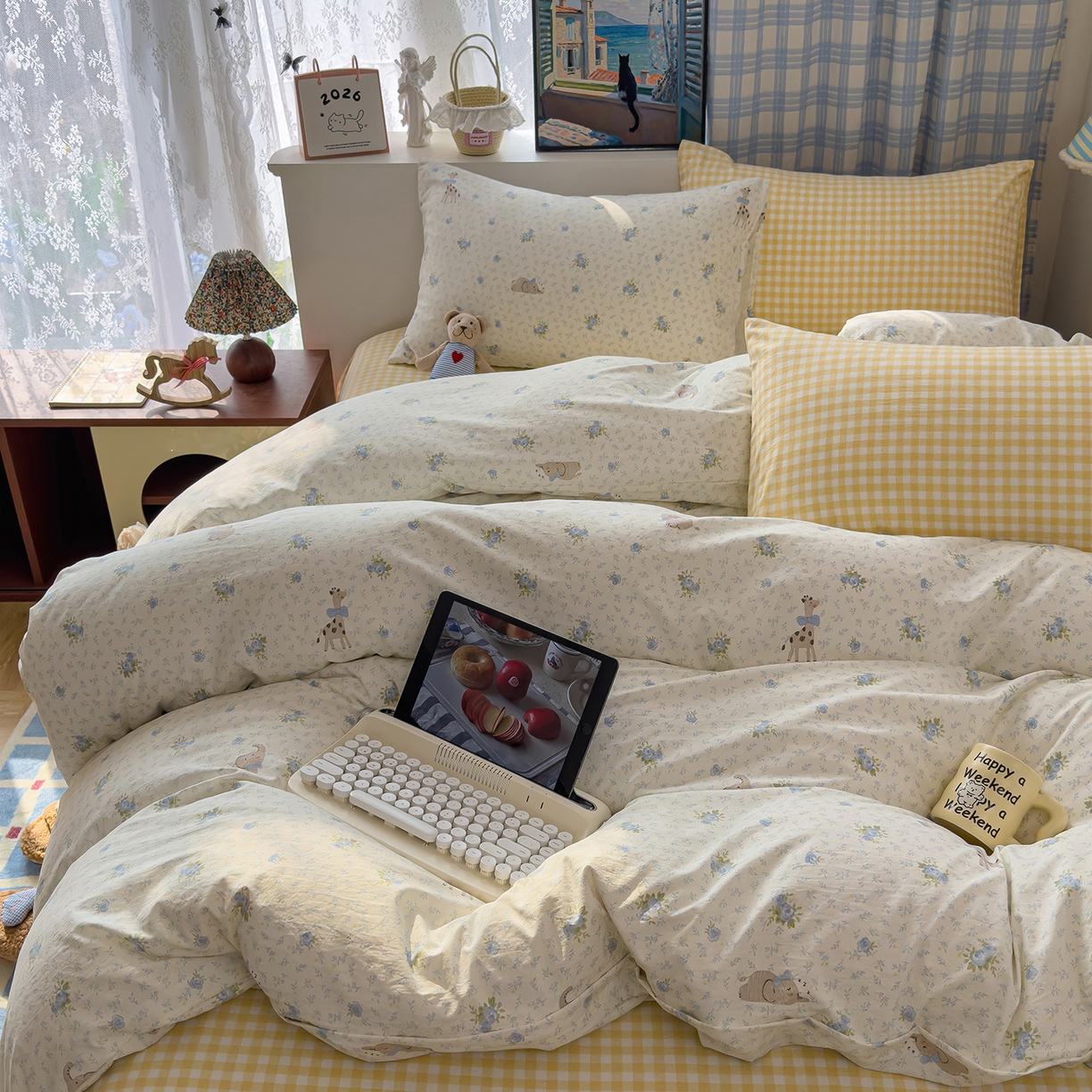 91家纺网 家纺一手货源 找家纺 希丞家居 2026新款博主风小清新仿棉云感纱床上四件套 海盐幻想