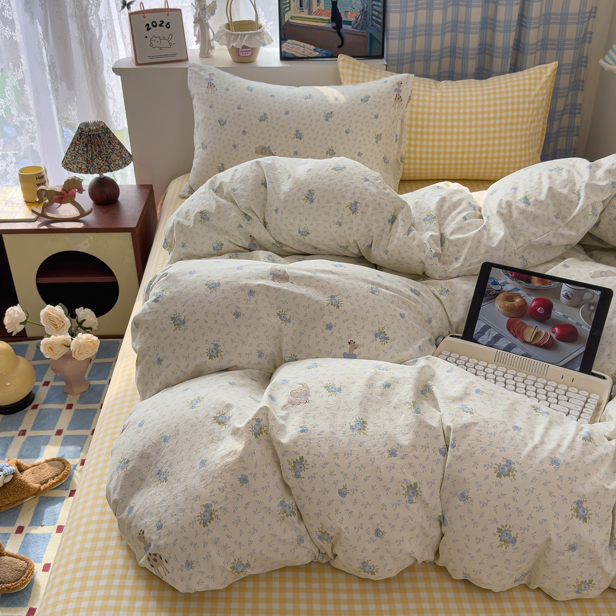 91家纺网 家纺一手货源 找家纺 希丞家居 2026新款博主风小清新仿棉云感纱床上四件套 海盐幻想