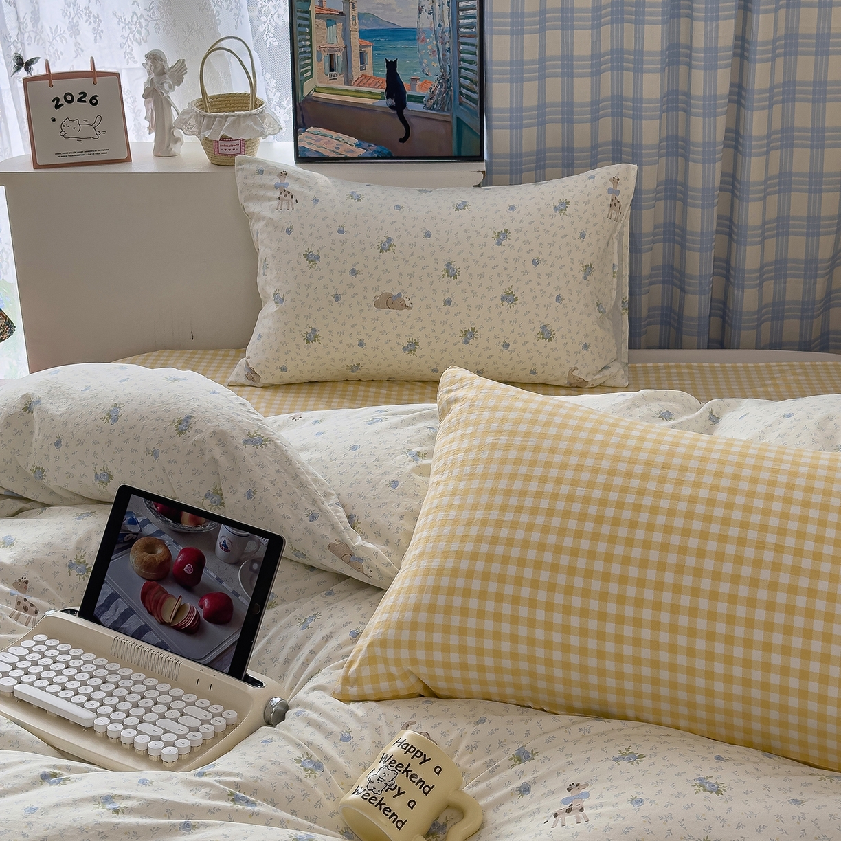 91家纺网 家纺一手货源 找家纺 希丞家居 2026新款博主风小清新仿棉云感纱床上四件套 海盐幻想