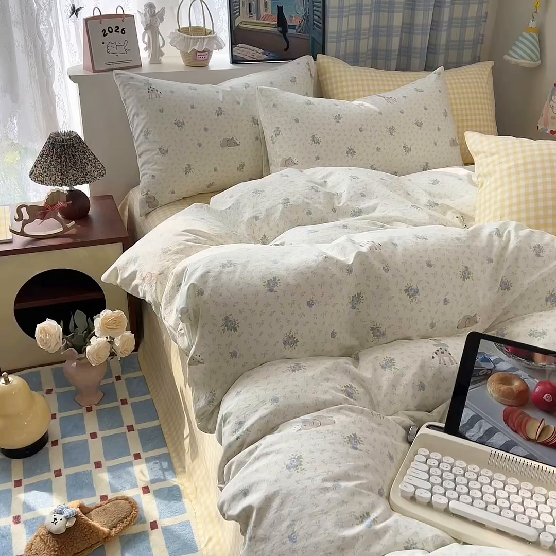 91家纺网 家纺一手货源 找家纺 希丞家居 2026新款博主风小清新仿棉云感纱床上四件套 海盐幻想