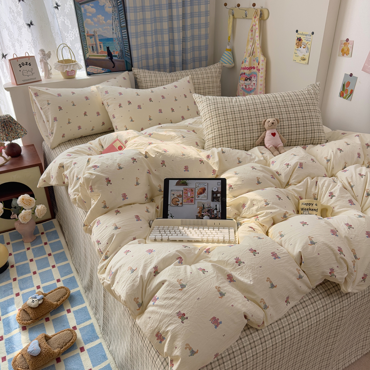 91家纺网 家纺一手货源 找家纺 希丞家居 2026新款博主风小清新仿棉云感纱床上四件套 假日狂欢