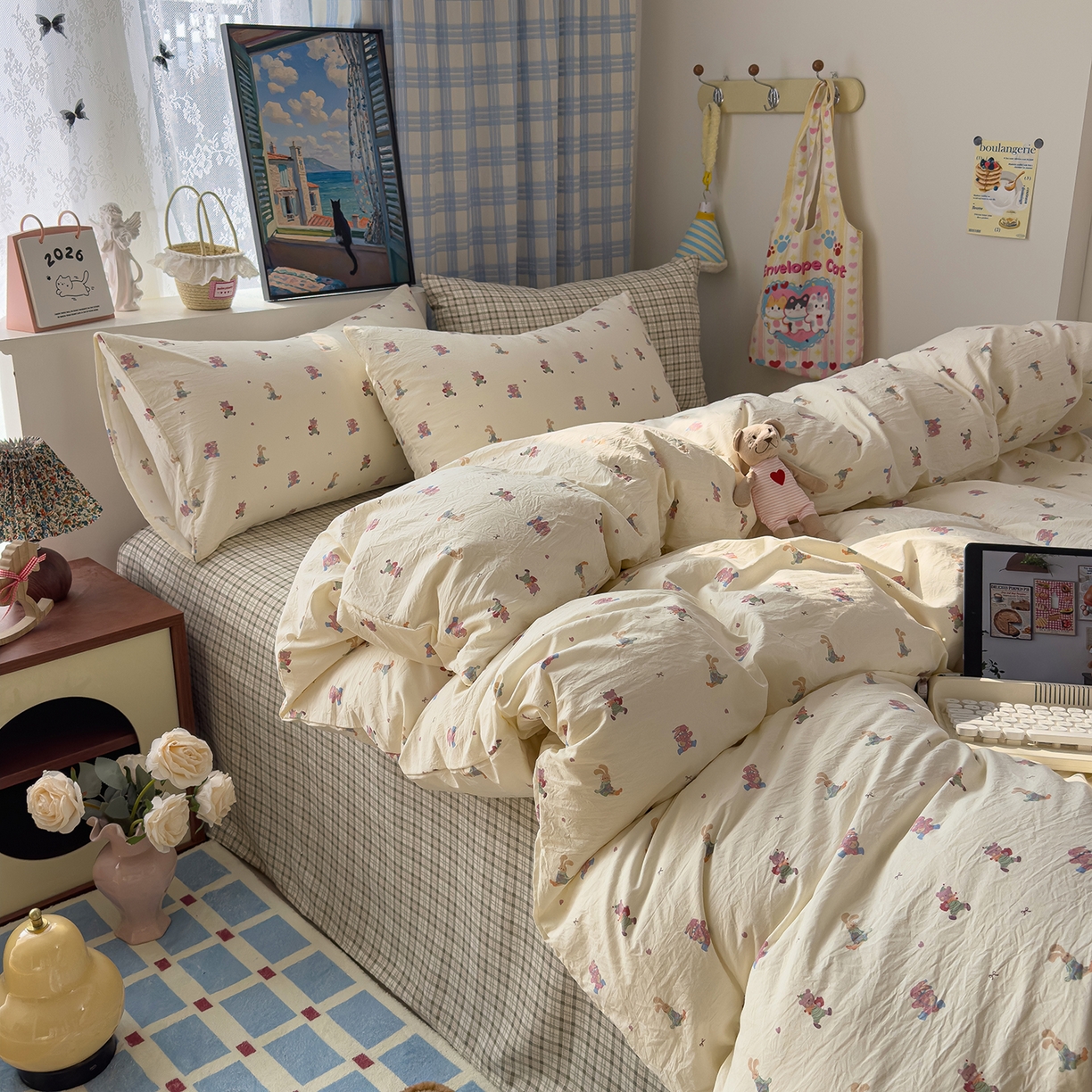 91家纺网 家纺一手货源 找家纺 希丞家居 2026新款博主风小清新仿棉云感纱床上四件套 假日狂欢