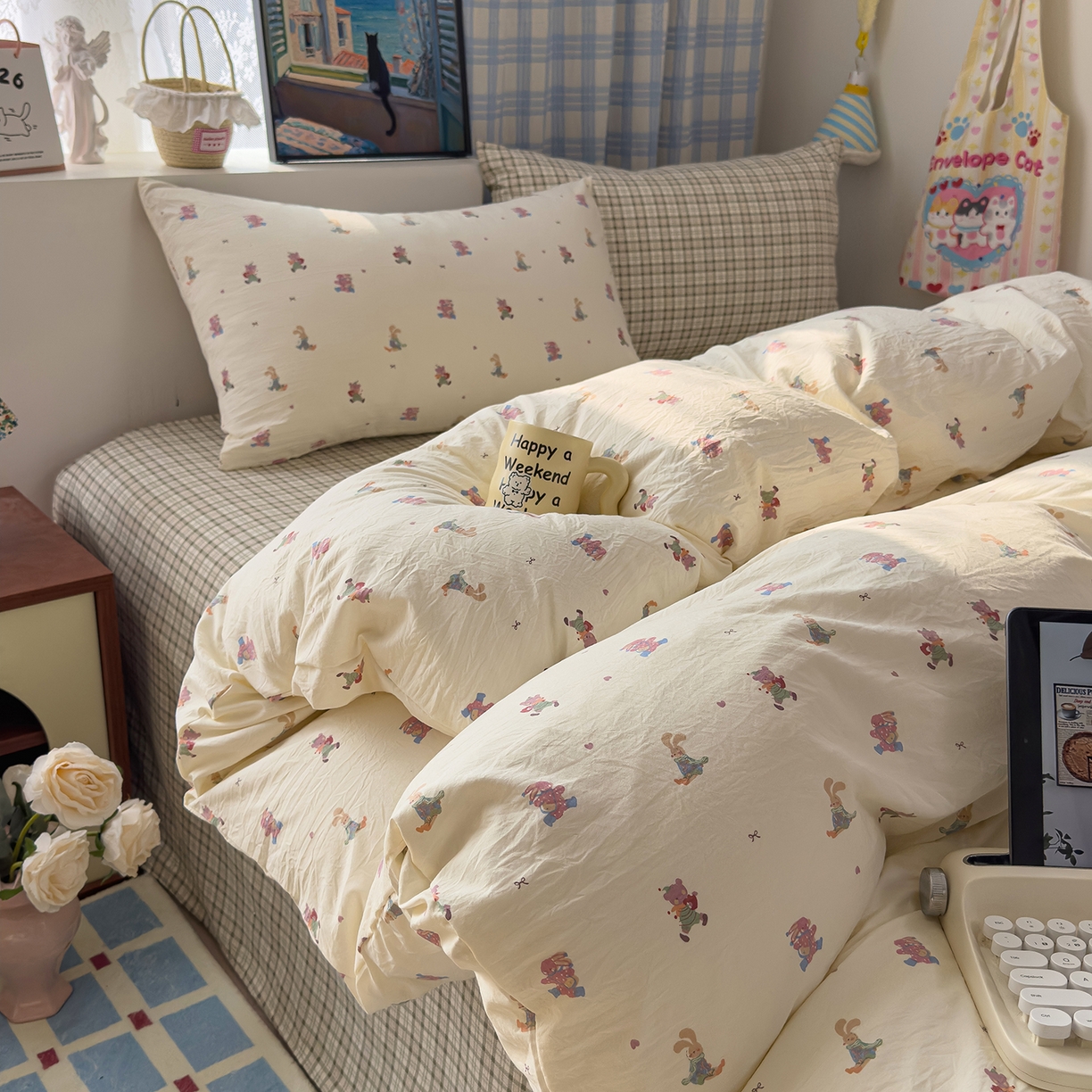 91家纺网 家纺一手货源 找家纺 希丞家居 2026新款博主风小清新仿棉云感纱床上四件套 假日狂欢