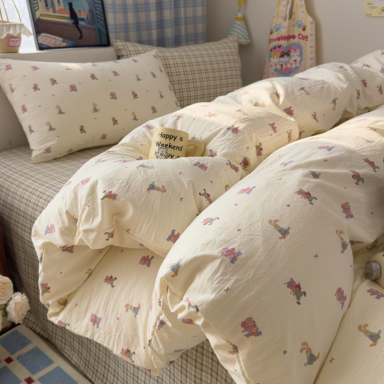 91家纺网 家纺一手货源 找家纺 希丞家居 2026新款博主风小清新仿棉云感纱床上四件套 假日狂欢